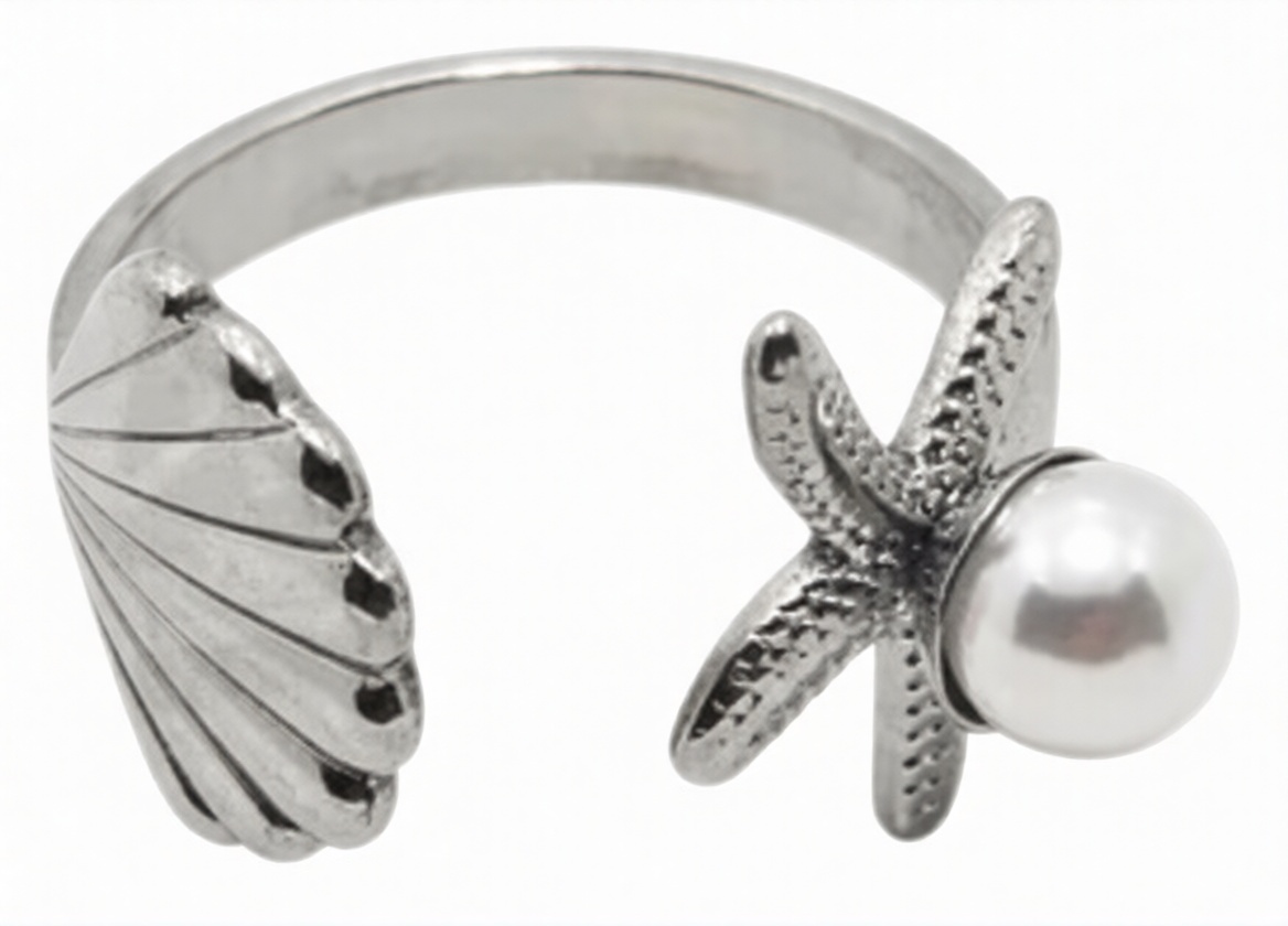 Anillo de acero quirurgico ostra y estrella de mar con perla